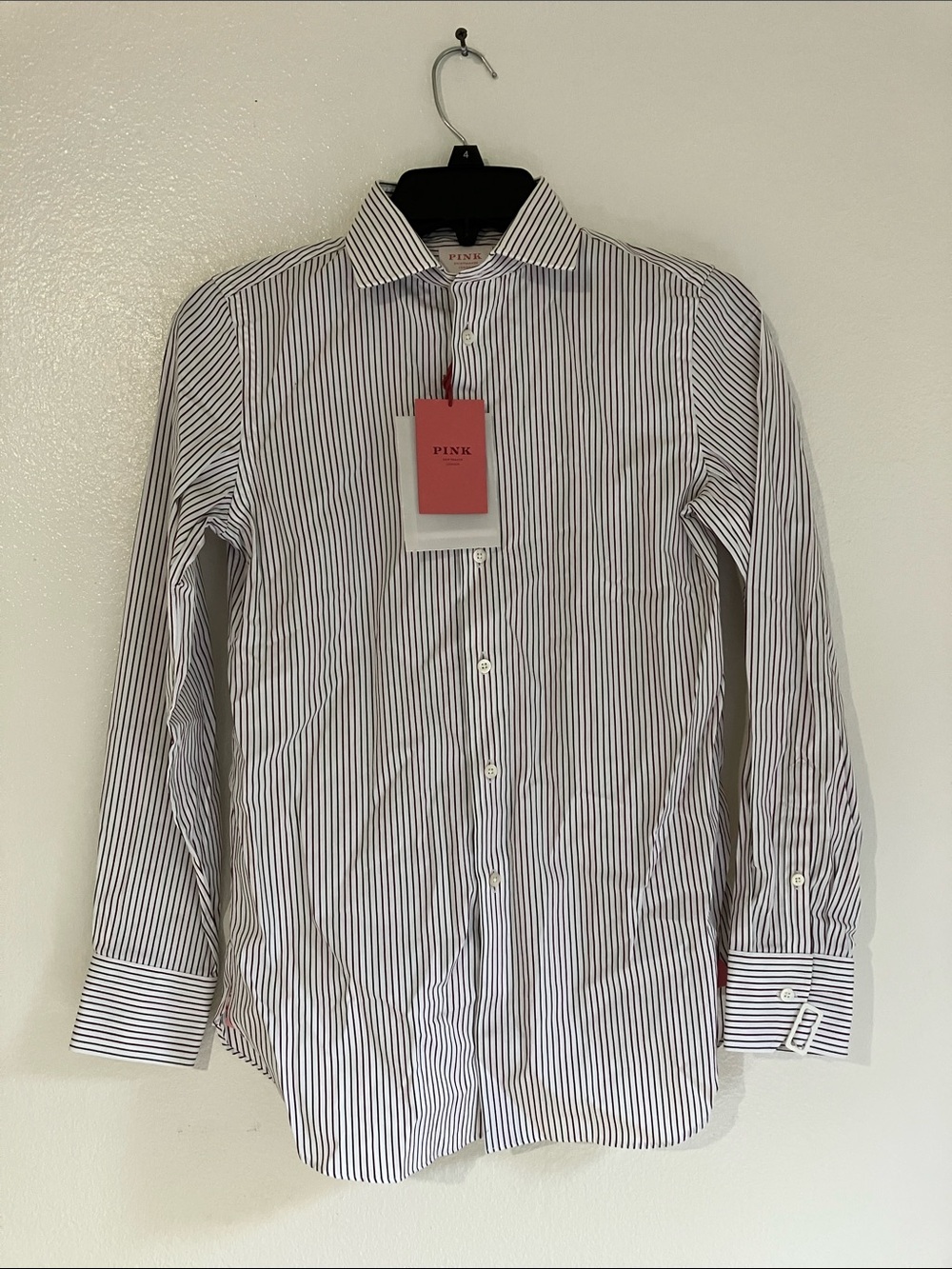 PINK Victoria's Secret White Dress Shirt with Navy Pinstripes